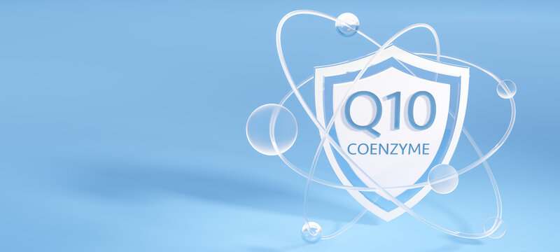 coenzyme q10 symbol on a shield, atoms orbiting on a blue background, 3d rendering with copy space