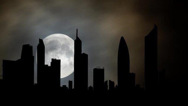 Peaceful view of Kuwait cityscape during night,Time Lapse with Full Moon