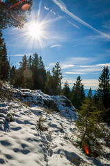 Chamrousse France 06 11 2022 winter hike around Lac Achard, pretty mountain lake located at 1917...