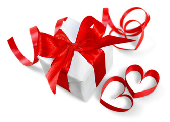 Cute gift box with  ribbon bow, isolated on white