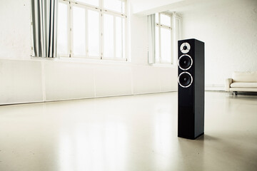music speakers black on white.
