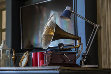 Antique gramophone in the interior
