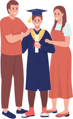 Parents and son alumnus semi flat color raster characters. Standing figures. Full body people on white. Graduation ceremony simple cartoon style illustration for web graphic design and animation