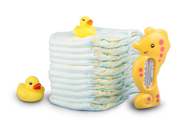 Bath accessories. Bath towels and yellow rubber duckies