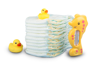 Bath accessories. Bath towels and yellow rubber duckies