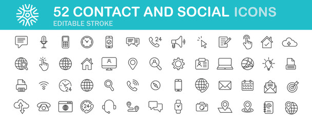 contact & social icons. Data analytics, Digital marketing, Management, Message, Phone. Vector illustration. Line with editable stroke