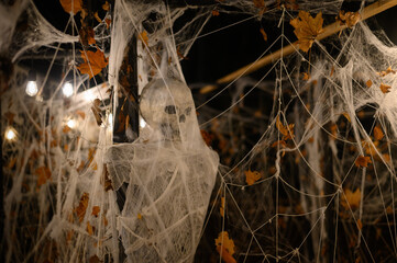 Skeleton decoration for Halloween wrapped in spider web and tissue