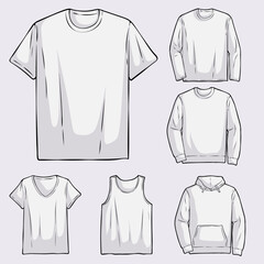 Hand drawn blank white clothes template set, blank white t shirt, hoodie, tank top, v neck and more