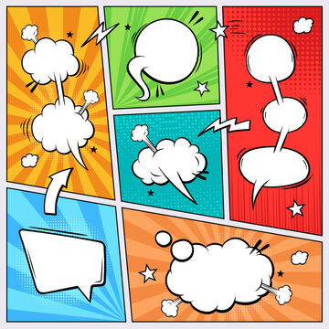 Colorful comic books dialog bubbles, cartoon superhero scrapbook page template with empty clouds 