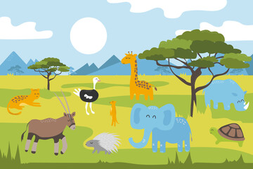 Cartoon wild animals in the savannah. Cartoon panorama with acacia trees, mountains in the background. African animals