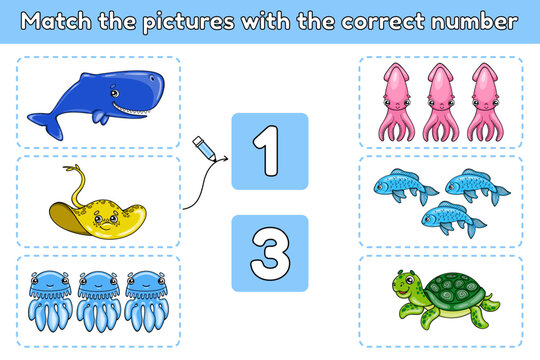 Math educational game for children. Match the pictures with the correct number. Vector illustration of cartoon sea animals.