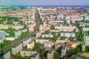 Karl Marx East Berlin avenue and communist era buildings from above, Germany