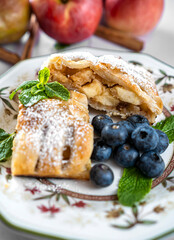 A traditional piece of apple strudel with powdered sugar, mint, blueberry and cinnamon in the foreground on a table.