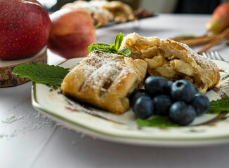A traditional piece of apple strudel with powdered sugar, mint, blueberry and cinnamon in the foreground on a table.