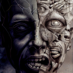 Schizophrenie Psyche Psychose gespaltene Pers&ouml;nlichkeit Gem&uuml;tskrankheit Wahrnehmung sozialer R&uuml;ckzug Freudlos Motivationslos AI Digital Art Illustration Background Backdrop