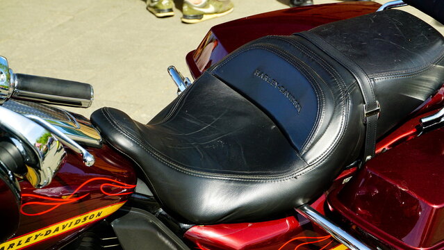 Anguillara, Italy, April 25, 2019: Detail Of HARLEY DAVIDSON Motorcycle, With Red Paint And Chrome Steel Finish. Founded August 28, 1903 In Milwaukee