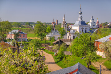 Orthodox church at golden sunrise, Suzdal citycape, Russia