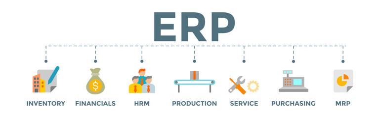 ERP enterprise resource planning banner web illustration with inventory, financials, hrm, production, service, purchasing, and mrp icon.