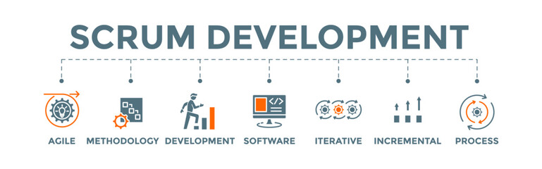 Scrum development banner web illustration with agile, methodology, development, software, iterative, incremental and process icon. - obrazy, fototapety, plakaty