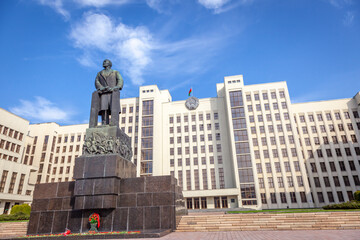 Soviet Lenin and Belarussian Parliament, Independence square in Minsk, Belarus