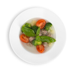 Tasty soup in plate isolated on white background