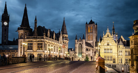 Fototapeta na wymiar Ghent old town skyline at night, Belgium travel photo