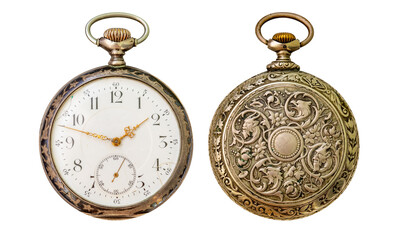 Plakat Antique silver pocket watch isolated on white background, front and rear view