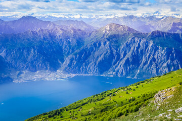 Above idyllic and turquoise Lake Garda from Monte Baldo, Malcesine, Italy