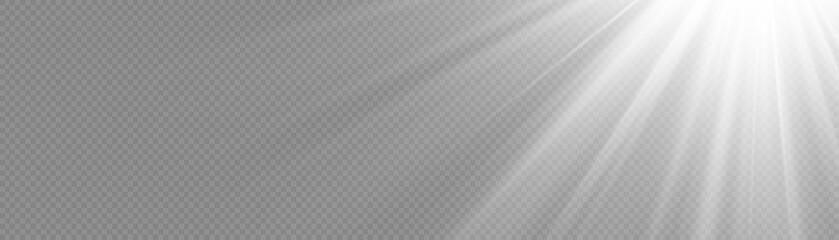 Fototapeta premium Sun light flash with rays and spotlight. Star burst with sparkles. Translucent shine sun, bright flare. Sunlight glowing png effect. White beam sunrays on transparent background. Vector illustration.
