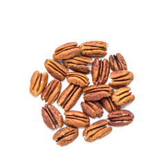 Raw Natural Organic Pecans Nuts Scattered Isolated on White Background Top View Healthy Food for Life Natural Light Selective Focus