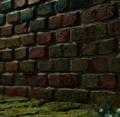 Mossy Old brick wall and mossy floor background, 3D Render, Illustration
