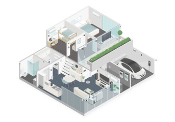 smart home cut room interior component diagram isometric top view no roof isolated white background - obrazy, fototapety, plakaty
