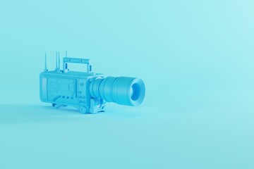 A blue film camera on a pastel blue background. Concept of filming, making movies. 3d rendering, 3d illustration.