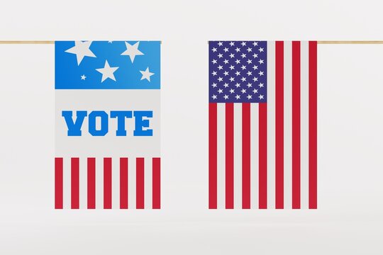 VOTE and USA flag. US, America voting concept. Debates and elections in the US. 3d render, 3d illustration.