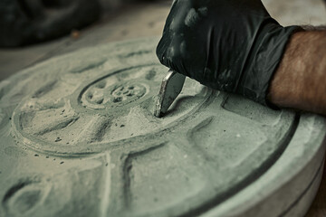 The craftsman works with stone with different tools. atmospheric photo. Sculpture making, handmade