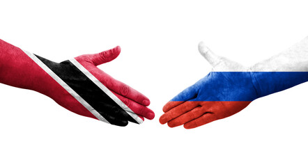 Handshake between Russia and Trinidad Tobago flags painted on hands, isolated transparent image.