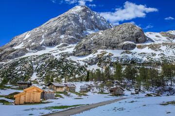 Snowcapped Marmolada mountain in Dolomites alps, Italy