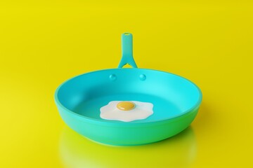 Blue frying pan with a fried egg on a yellow background. The concept of preparing a dish with egg, frying an egg in a pan. 3d render, 3d