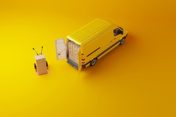 Commercial delivery yellow van with cardboard boxes on yellow background. Delivery order service company transportation box business background with van truck. 3d rendering, 3d illustration.
