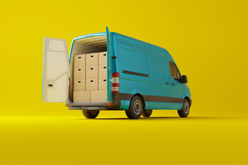 Commercial delivery blue van with cardboard boxes on yellow background. Delivery order service company transportation box business background with van truck. 3d rendering, 3d illustration.