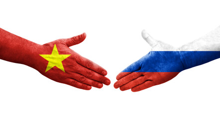 Handshake between Russia and Vietnam flags painted on hands, isolated transparent image.