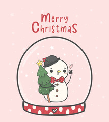 cute Happy Christmas snowman with snowfall in snow globe, merry christmas, doodle cartoon drawing vector
