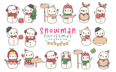 group of adorable cheerful snowman and girl Christmas collection cartoon doodle hand drawing vector
