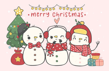 group of friends, cute Happy Christmas snowman, merry christmas, festive doodle cartoon drawing vector. Perfect for greeting cards, ornaments, and seasonal designs.