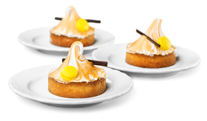 Tasty sweet pie in plates isolated on white background