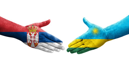 Handshake between Rwanda and Serbia flags painted on hands, isolated transparent image.