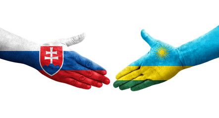 Handshake between Rwanda and Slovakia flags painted on hands, isolated transparent image.