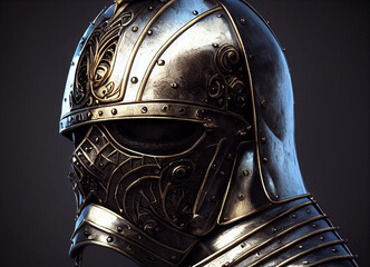 Fototapeta premium fierce medieval armored knight, engraved skeletal teeth on armored mask, ornate golden detailed shiny Corinthian style armor, intense brooding look on face,, ai generated art