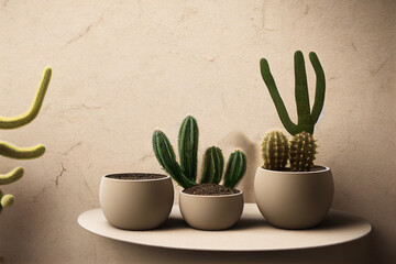 beige ceramic pot with cactus on natural stone podium on beige background, minimal copy