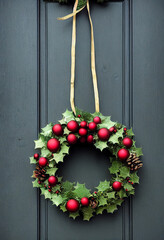 Christmas wreath on old wooden door, new year celebration concept, happy new year, welcome entry